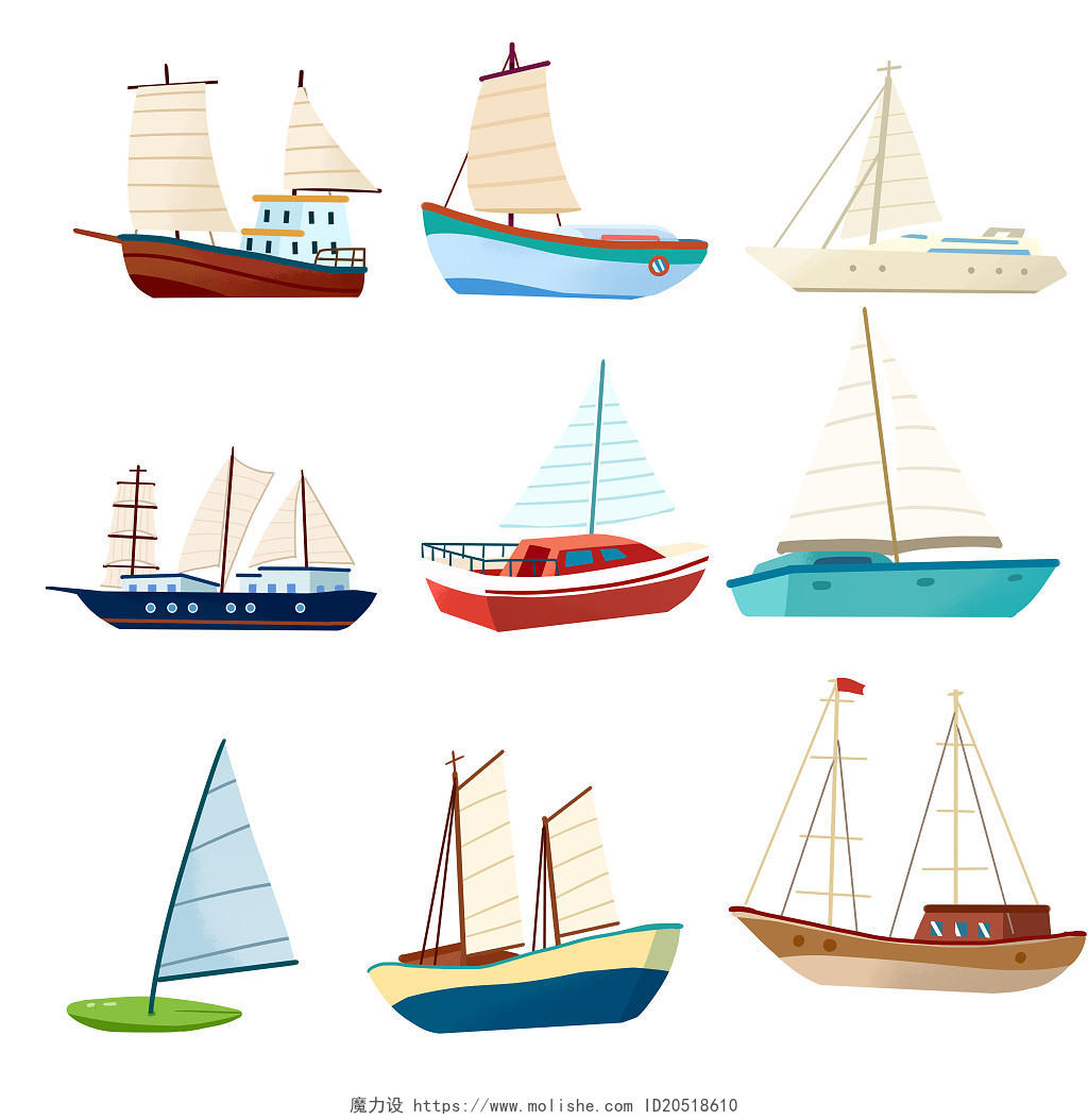 手绘卡通海洋帆船组合元素